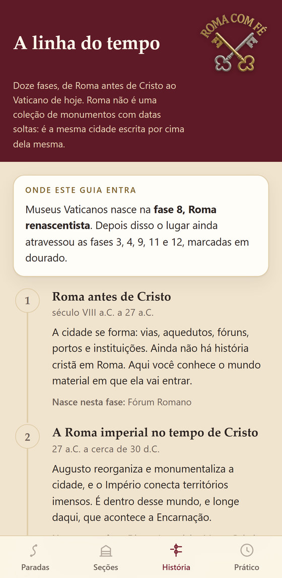 A aba História do guia, com as doze fases e os Museus marcados na fase 8