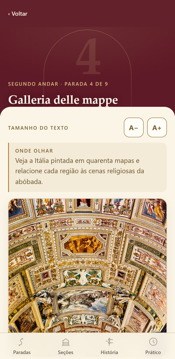 A tela do guia numa parada, com o que olhar e a foto do teto da Galleria delle Mappe